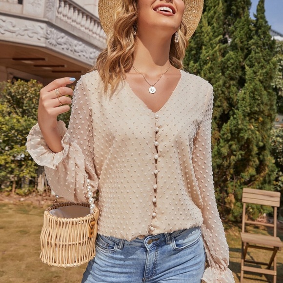 swiss dot v neck button chiffon long sleeve top - Picture 12 of 16